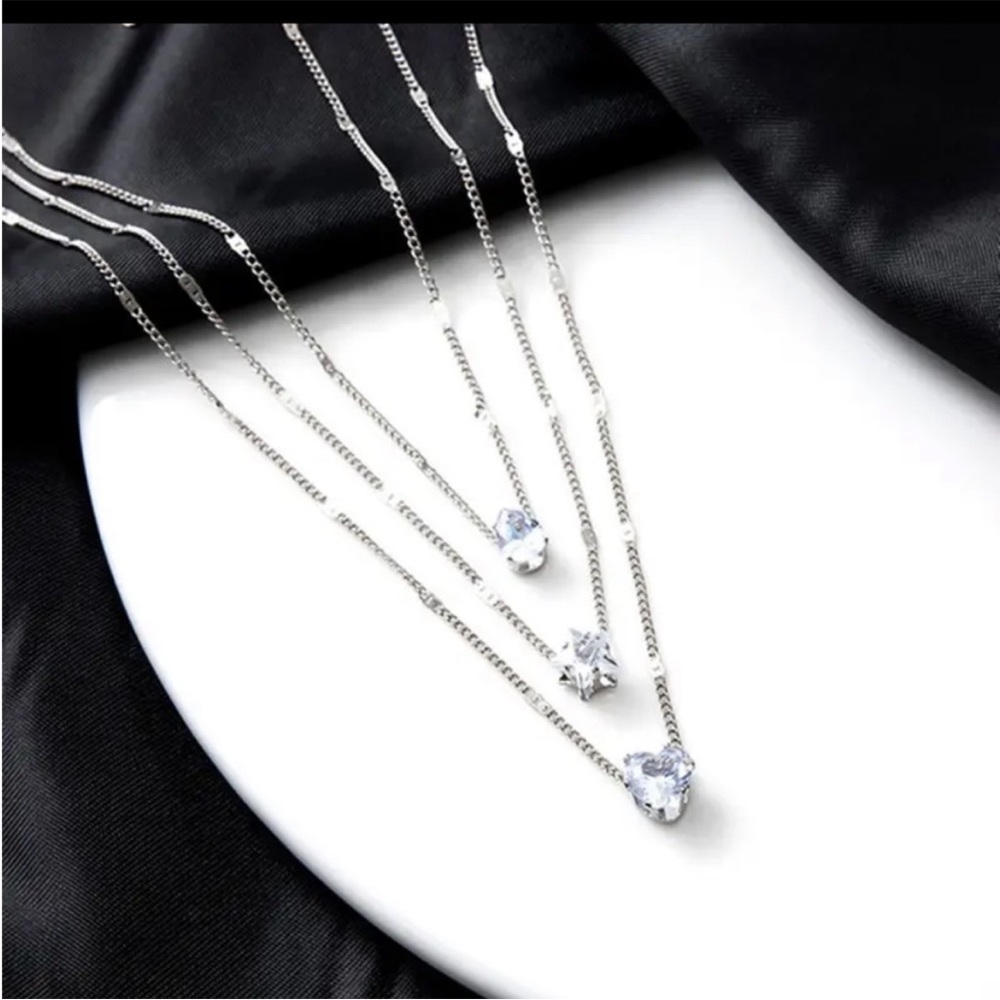 Silver Multilayered Heart Star Drop CZ Necklace